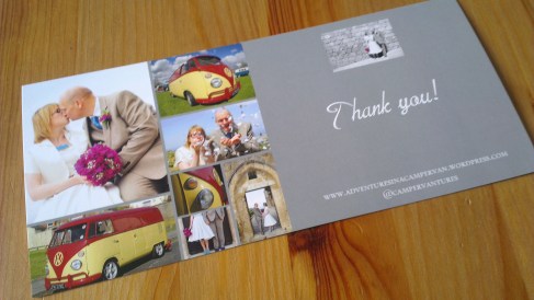 Photograph of a wedding invitation with wedding photographs and pictures of a red and yellow splitscreen campervan