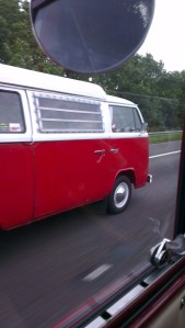 red white bay window camper motorway