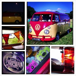 photo grid image of Ruby the rhubarb and custard splitscreen camper at VW Festival 2013