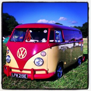 VW split screen camper panel van rhubarb and custard red and yellow Ruby