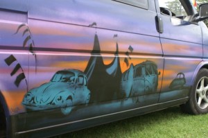 spraypaint graffiti vw camper beetle camping field of dreams