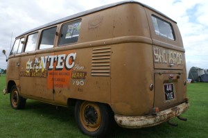 brown ratty signwritten vw camper van field of dreams